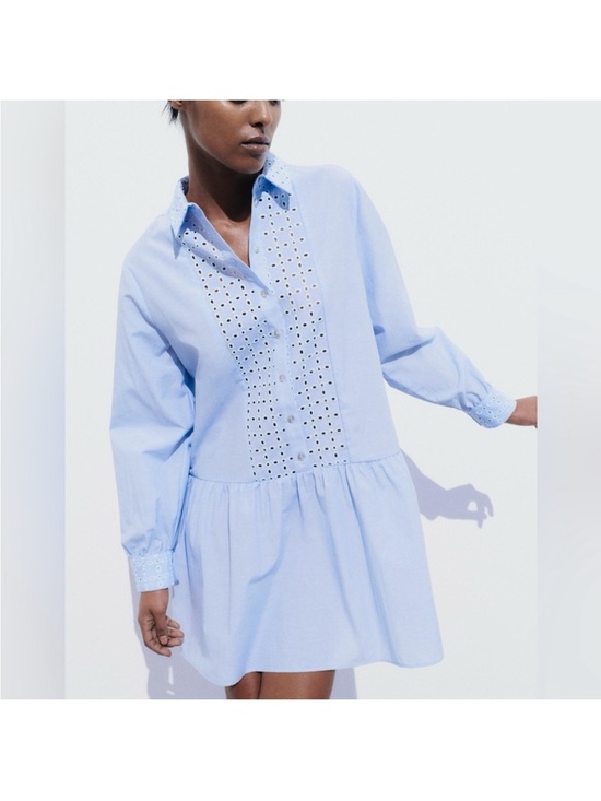 Zara Dresses & Skirts - Zara Light Blue Long Sleeve Eyelet Shirt Dress